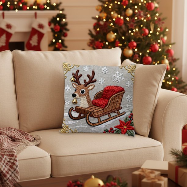 Seyotauo Christmas Linen Pillow Cover 18x18 inch with Imitation Embroidery Festive Patterns Cover for Farmhouse Bedroom Sofa Home Decor,Flax Craft for Christmas Pillow Cover,Hidden Zipper Easy to Use