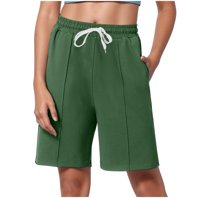 Besolor Summer Shorts for Women Elastic Waist Drawstring Straight Leg Knee Length Lounge Shorts with Pockets