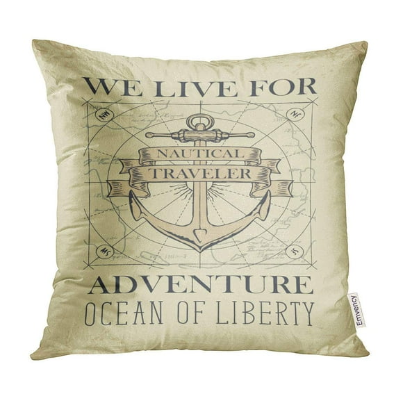 BOSDECO Ship Anchor and Ribbons Words Nautical Traveler of Travel Adventure Discovery Old Map Pillow Case Pillow Cover 20x20 inch