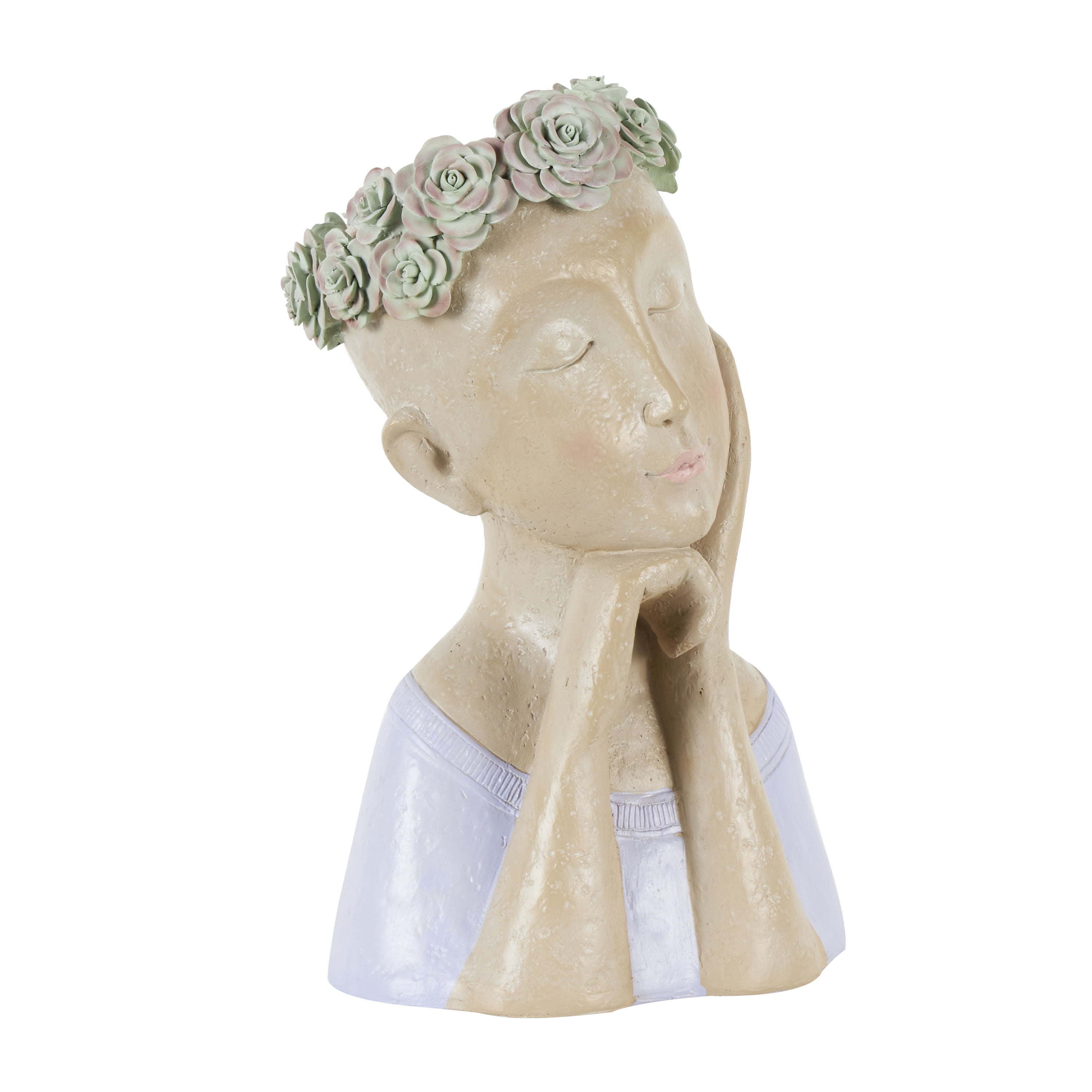 DecMode 9" x 14" Bust Beige Resin Woman Planter with Flower Crown and Blue Top