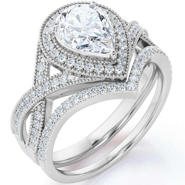 Conjunto nupcial JeenMata de moissanita de corte pera de 1,5 quilates - Conjunto nupcial - Anillo art déco - Anillo con halo - Anillo de racimo - Bañado en oro blanco