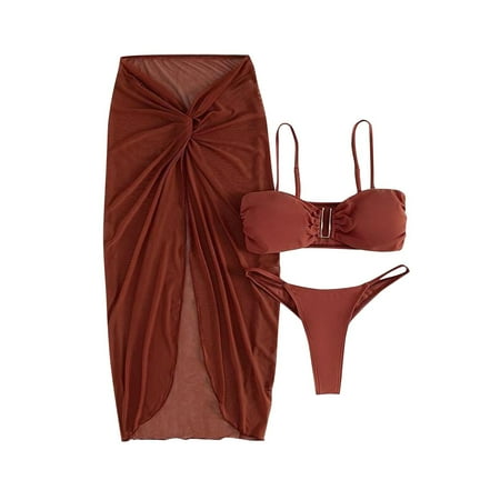 Oplxuo Sexy U Wire Padded Bikini Sets for Women 3 Piece Swimsuits with Cover Up Wrap Skirt Beach Sarong Bathing Suit