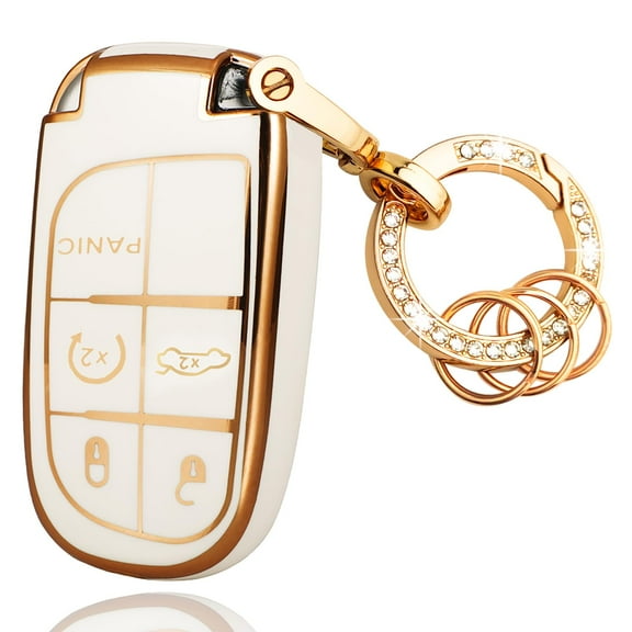 Bling-Style 5-Button TPU Full-Guard Key Fob Cover for Jeep Grand Cherokee Compass Renegade Chrysler Dodge RAM Durango Challenger Journey Dart Fiat with Decorative Ring
