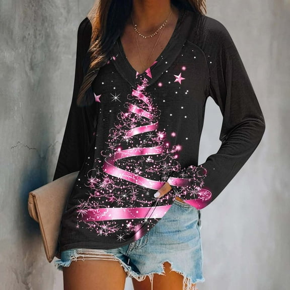 Craaazy Women's Christmas V Neck Long Sleeve Top Loose Funny Christmas Blouses Gifts