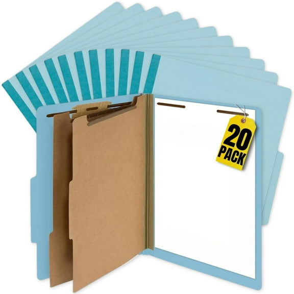 1InTheOffice Classification Folders, 2 Divider Classification Folders, File Folders with Dividers, 2.5" Expansion, Letter Size, Light Blue, 20 Pcs