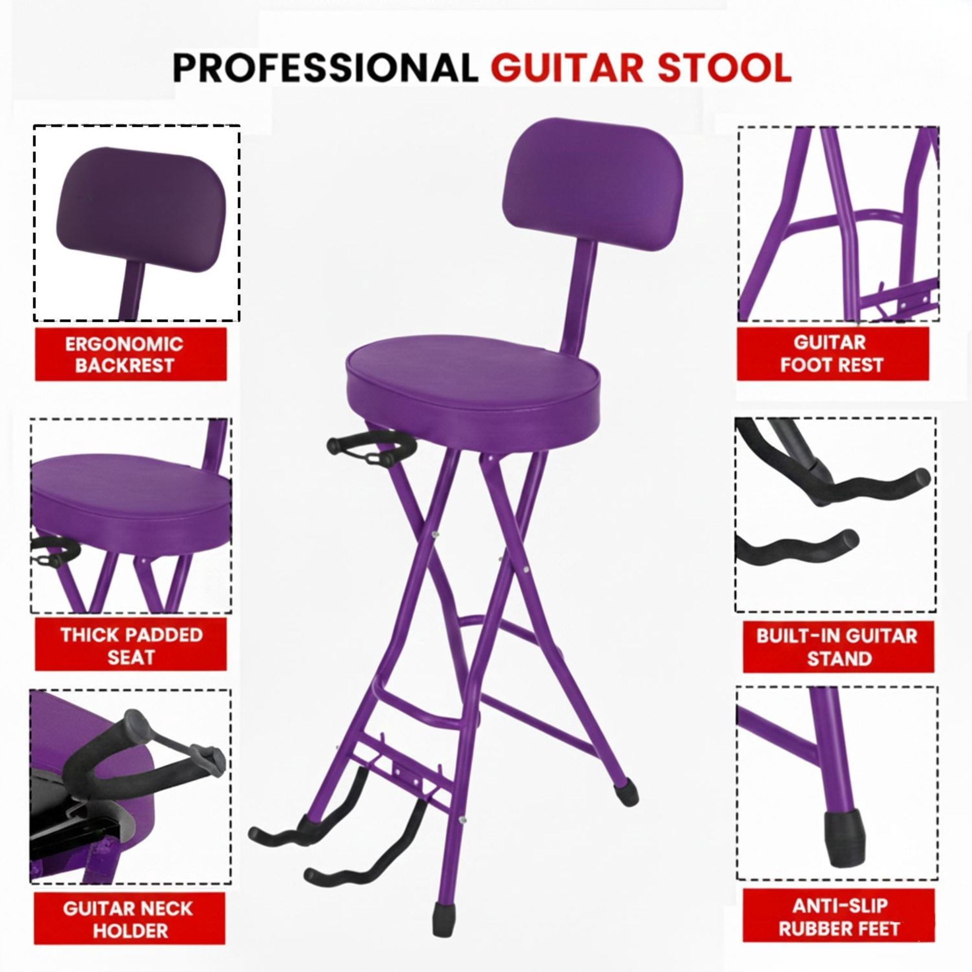 Padded Guitar Stool with Backrest, Built-in Stand & Footrest - Purple