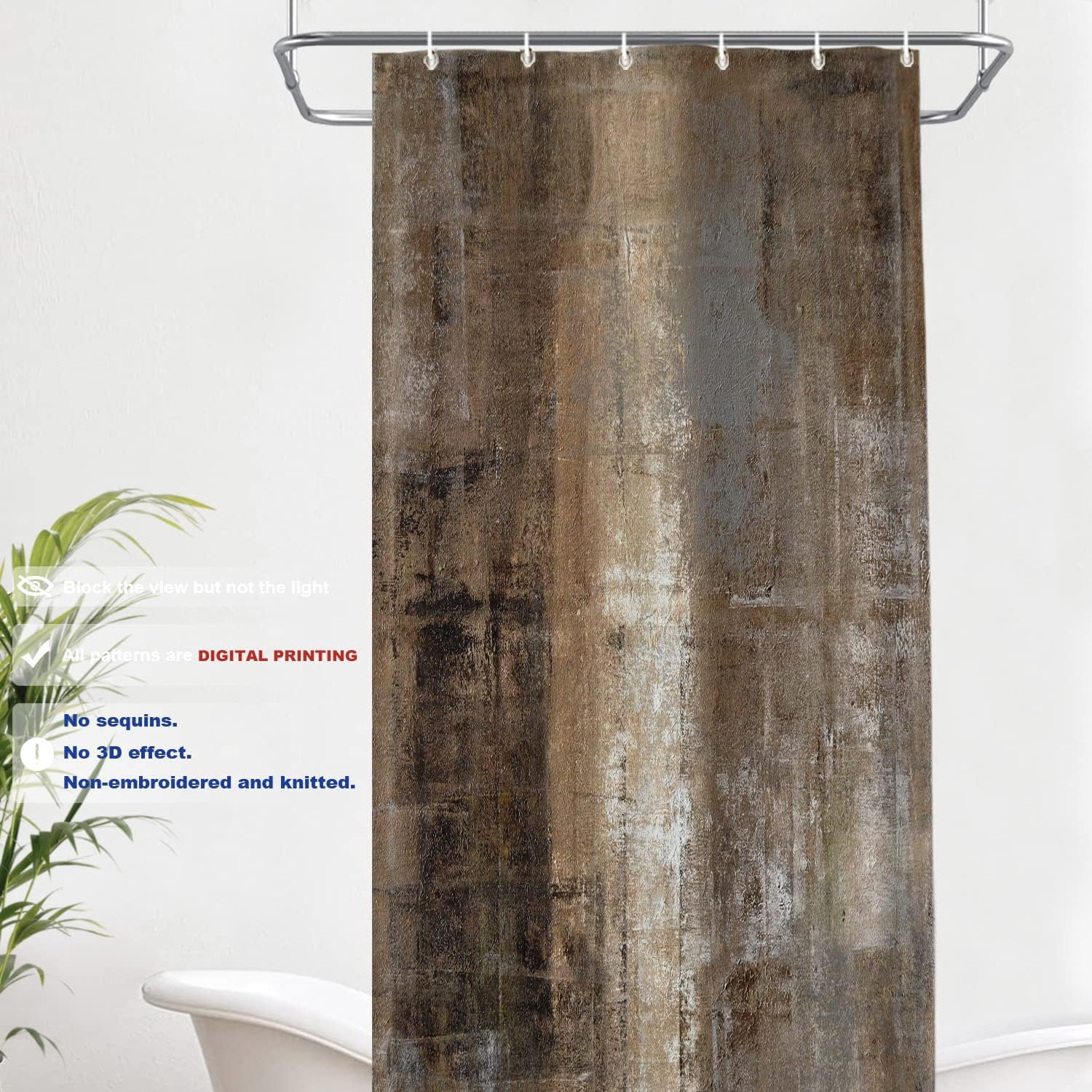 Brown Abstract Art Decor Shower Curtain, Grey Acrylic Bathroom Decor Polyester Fiber Plastic Rings Quick-Drying Waterproof for Bathtubs/Bathroom, 72x36 inches