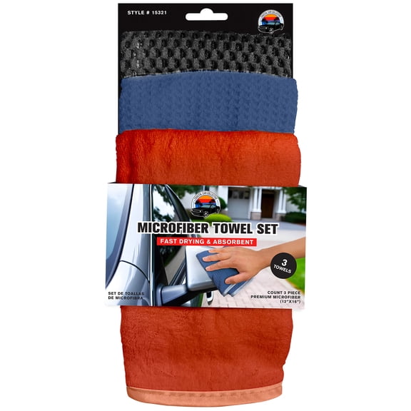 Coastal Car Collective: Microfiber Towel Set - 3 Piece, 12x16" Soft Cloths, Color-Coded Multi Use, Car Wash-Polishing-Buffing-Auto Detailing Accessory