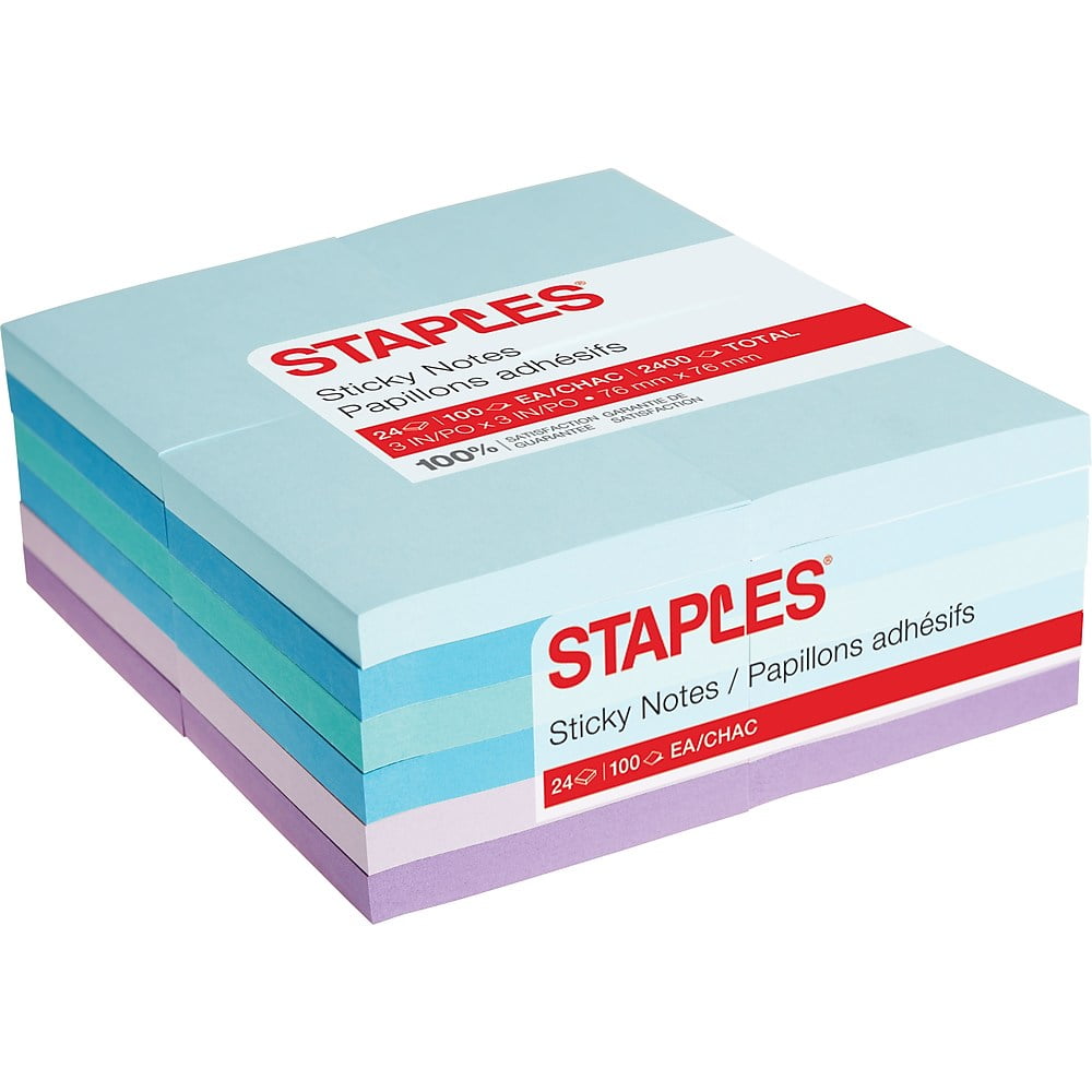 Staples Stickies Notes 3" x 3" Watercolor 100 Sh./Pad 24 Pads/PK (52227