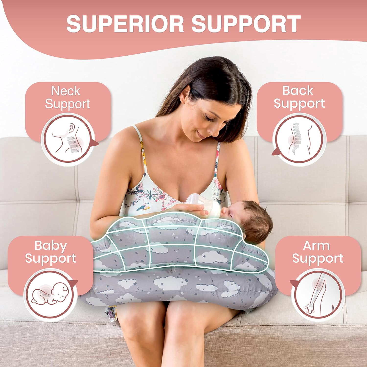 PILLANI Nursing Pillow for Breastfeeding & Bottle Feeding, Original Breast Feeding Pillow for Mom & Baby, Removable Cotton Cover, Adjustable Waist Strap, Baby Girl Boy Essentials Must Haves