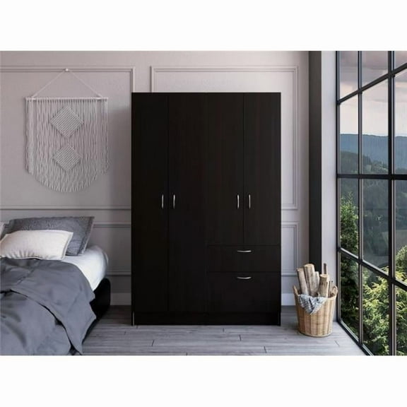 Depot E-Shop Itaca Armoire with 2 Double Door Cabinets, Drawer, 5 Interior Shelves, Lower Cabinet, and Hanging Rod, Black / White