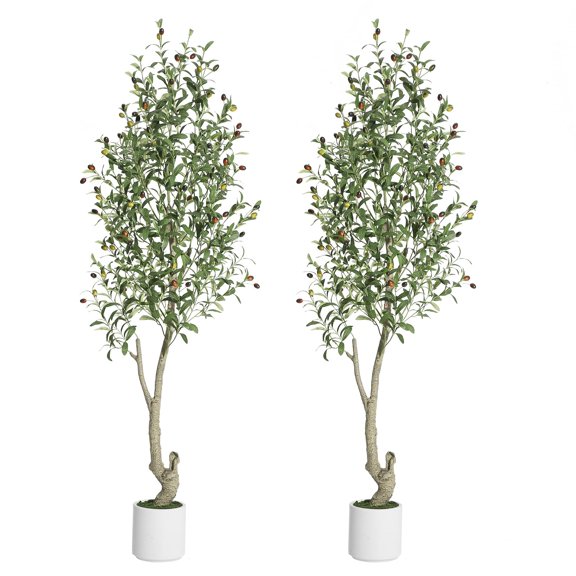 Artificial Olive Trees, 2Pcs 6ft Tall Faux Olive Tree with Planter Artificial Plants with Natural Wood Trunk and Lifelike Olive Fruits for Home Office Decor