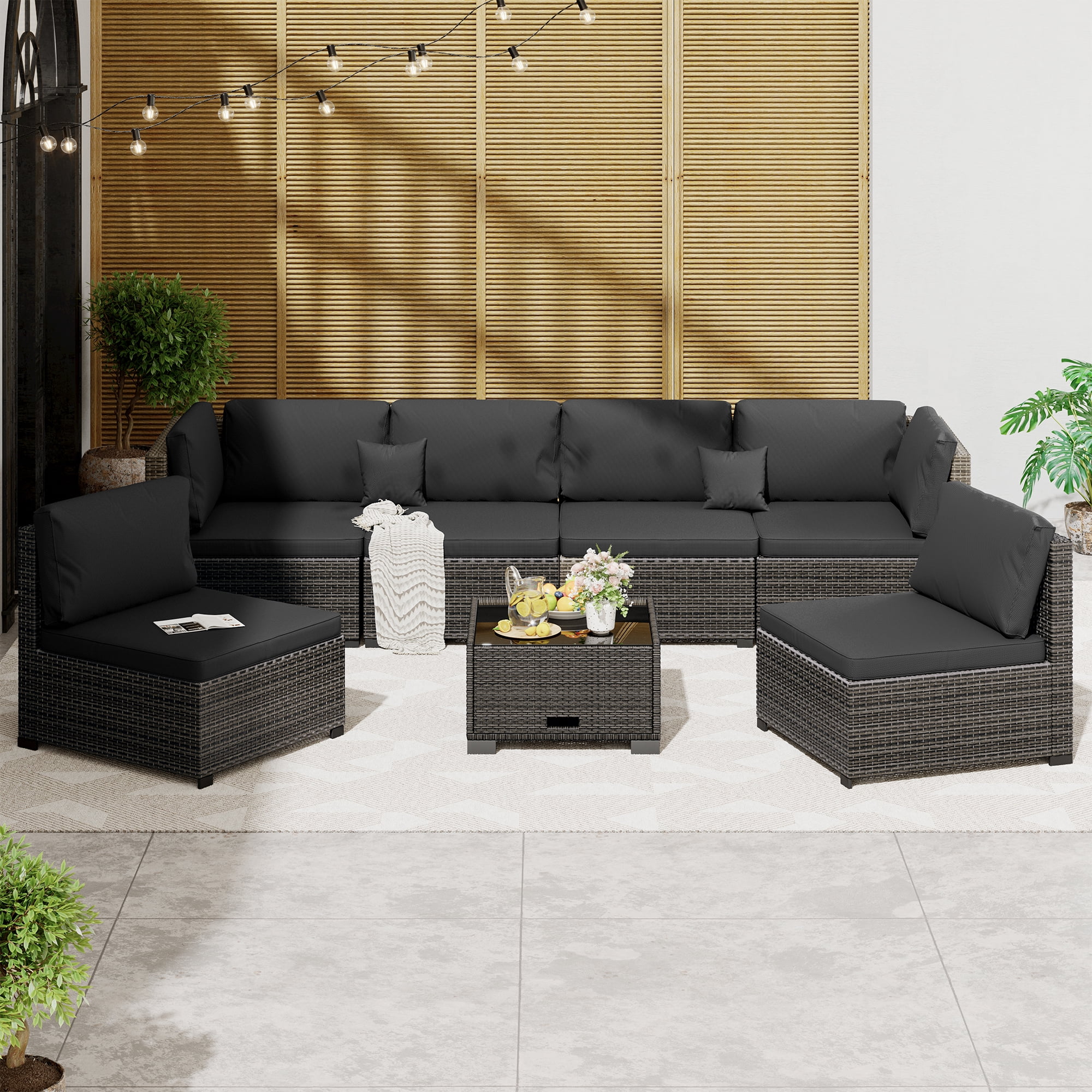 LHBcraft 7-Piece Outdoor Patio Furniture Set, All-Weather PE Rattan Sectional Sofa with Cushions and Coffee Table
