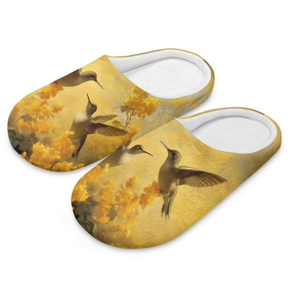 POLERO Slippers for Women Indoor Yellow Flower Hummingbird Print House Slippers Closed Toe Design Lightweight Sole Bedroom Shoes, Size 4.5-5.5