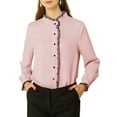 thumbnail image 1 of INSPIRE CHIC Women's Office Button Down Ruffle Stand Collar Long Sleeve Work Shirts, 1 of 6