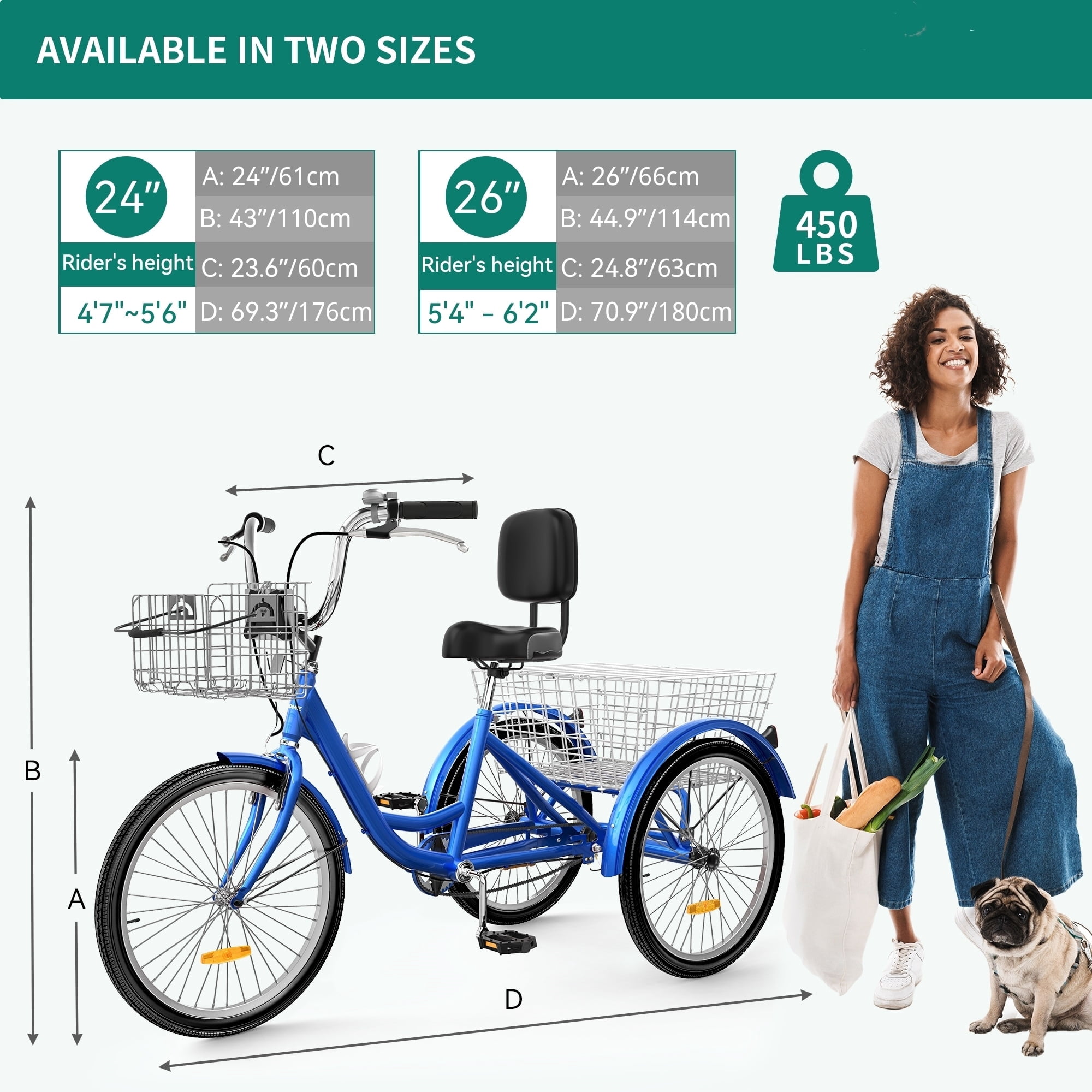 IMISATOS-026PXJ 26" Adult Tricycle 3 Wheel Bikes 1 Speed Trike Bike 26" - Blue