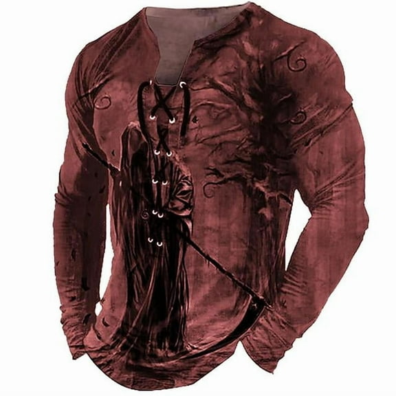 Mens Distressed Henley Shirts Long Sleeve Slim Fit Basic T-Shirt Casual Lace Up Beach Renaissance Top Tee Red M