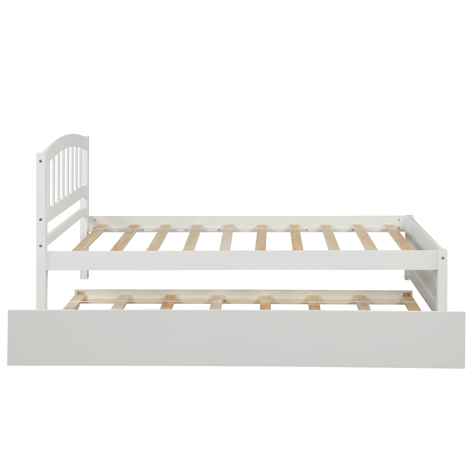 Mintazer Twin Size Platform Bed Frame with Trundle & Curved Slatted Headboard for Kids Teens Adults Bedroom, No Box Spring Needed, White