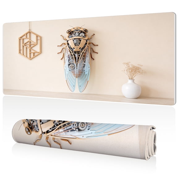 LIVEKEY XXL Mouse Pad Mechanical Cicada Design 80x40cm Large Desk Mat Full Coverage Durable Easy Clean Non Slip Stitched Edges for Gaming and Office Computer Use
