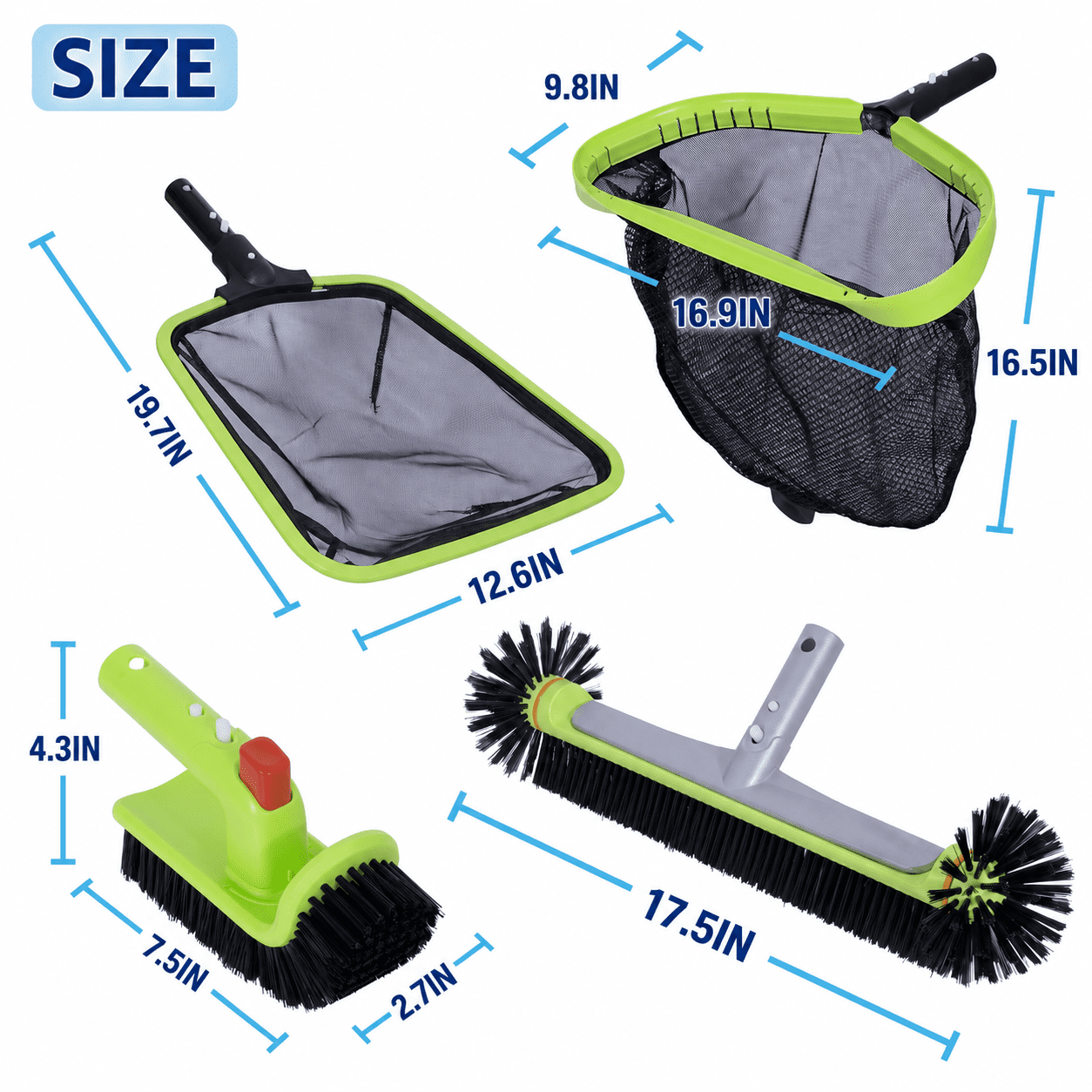 WaterJingle 4-Piece Pool Cleaning Kit with Skimmer Net, Leaf Rake & 90 Degree Brush