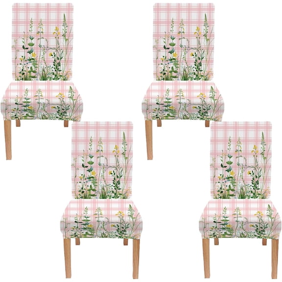 Parson Chair Covers Stretch Washable Plaid Spring Wildflowers Dining Chair Slipcovers Pink Spandex Removable Chair Protectors Covers for Banquet Ceremony Wedding,Set of 4
