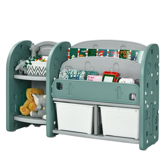 Infans Kids Toy Storage Organizer w/ 2-Tier Bookshelf & Plastic Bins