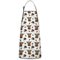 White Highland Cow Hat Leaf Pattern Apron-Garden Aprons for Women with Pockets-Cotton Linen Waterproof Kitchen Cooking Gardening Aprons Adjustable for Kitchen,Cooking,BBQ and Salon 33x27 Inch