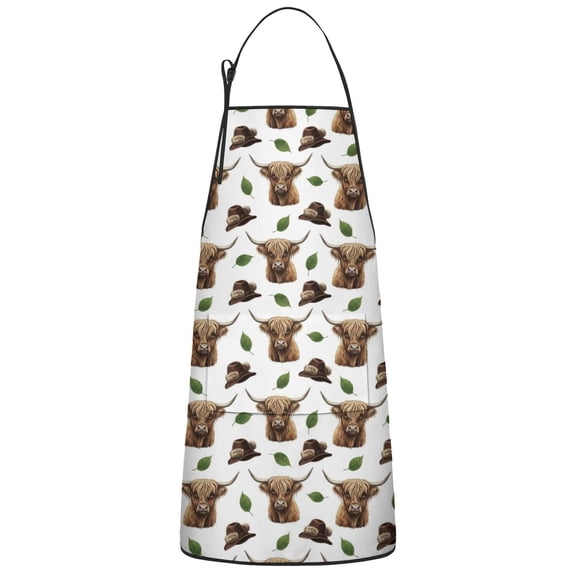 White Highland Cow Hat Leaf Pattern Apron-Garden Aprons for Women with Pockets-Cotton Linen Waterproof Kitchen Cooking Gardening Aprons Adjustable for Kitchen,Cooking,BBQ and Salon 33x27 Inch