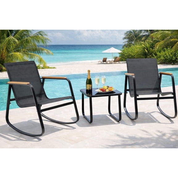 Noelse 3 Piece Outdoor Textilene Rocking Bistro Set, Patio Furniture Set with Heat-Resistant Armrests and Coffee Table for Porch, Balcony,Black