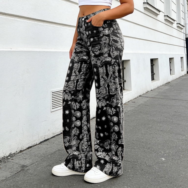 SONXAHE Bandana Print Wide Leg Jeans for Women Button Fly Straight