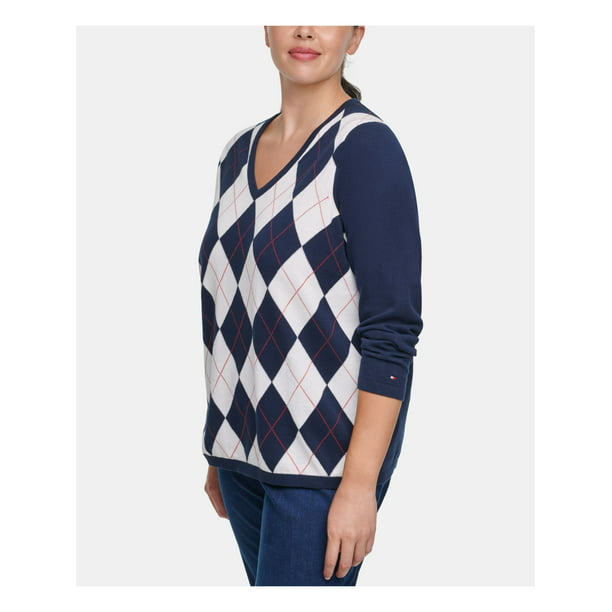 TOMMY HILFIGER Womens Navy Argyle Long Sleeve V Sweater Plus Size: 1X - Walmart.com