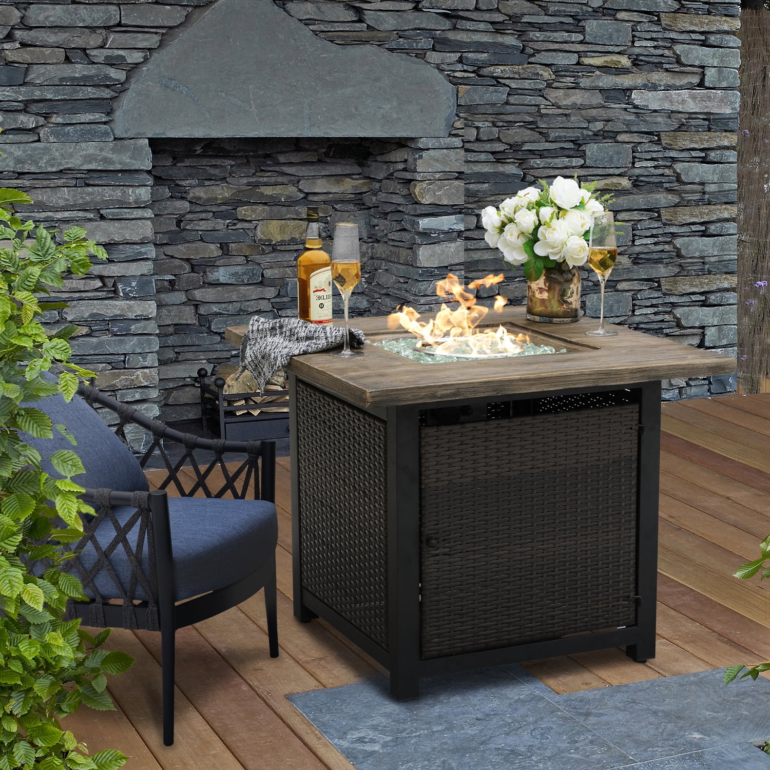 Nuu Garden 34in. Fire Pit Table 50,000 BTU Outdoor Wicker Patio w/ Lava Rocks, Cover, Tank Holder Brown