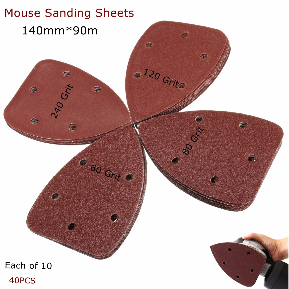 40-Pack Mouse Sander Pads Sanding SHeets Discs Sandpaper Mixed Grit 40 80 120 240 Fit... by