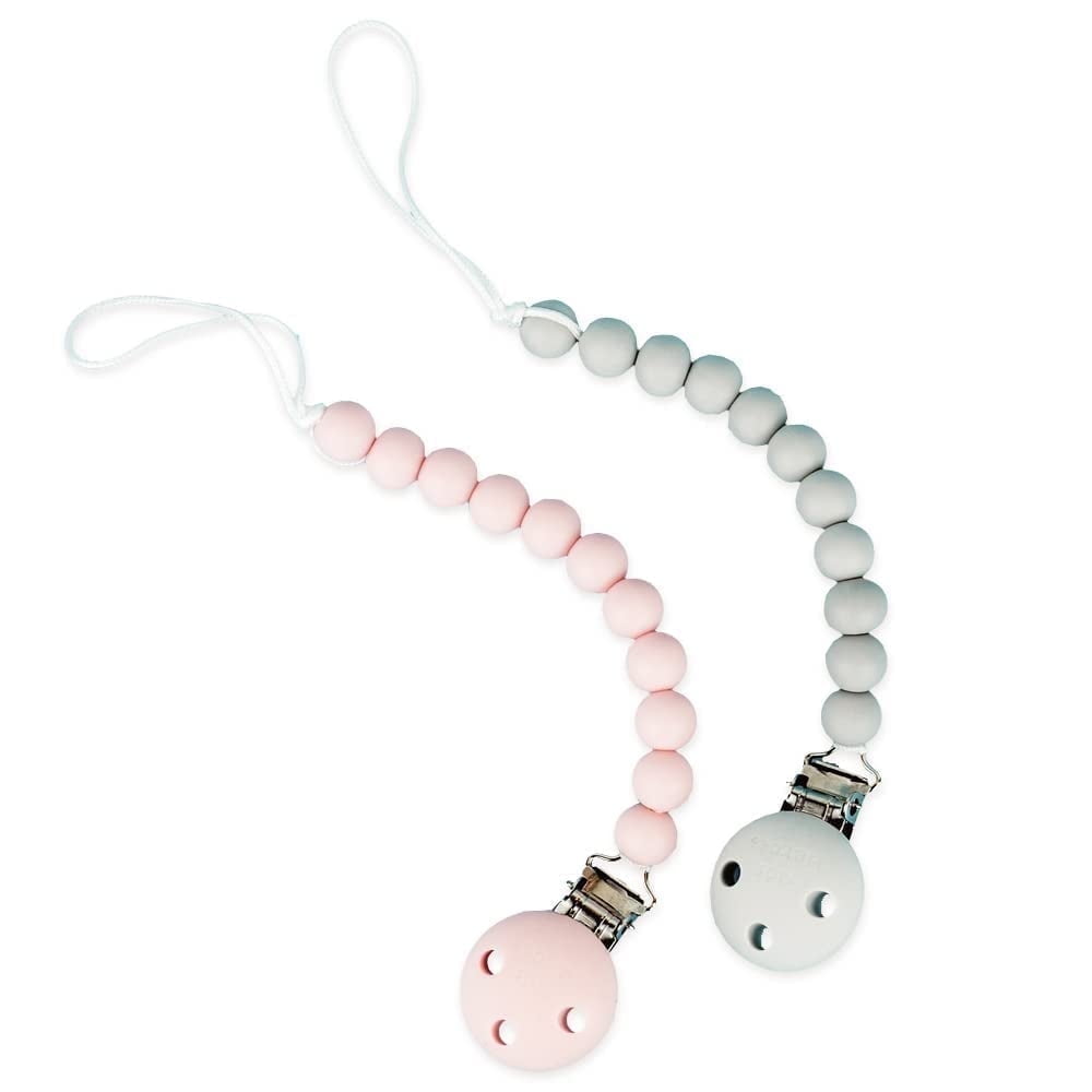 Kids Heroes Silicone Pacifier Holder Clip with One Piece Design for Baby, 2 Pack (Pink and Grey)