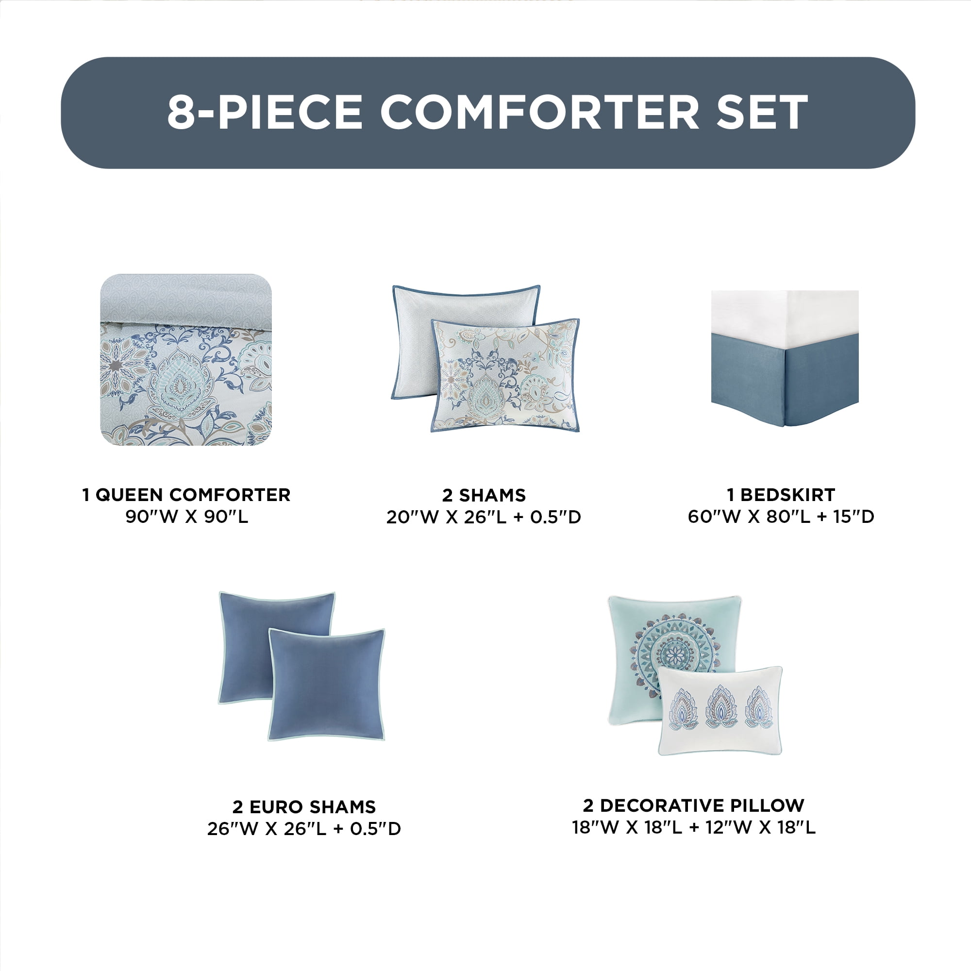 Madison Park 8-Piece Reversible Floral Cotton Comforter Set with Bed Skirt and Decor Pillows, Queen,Blue