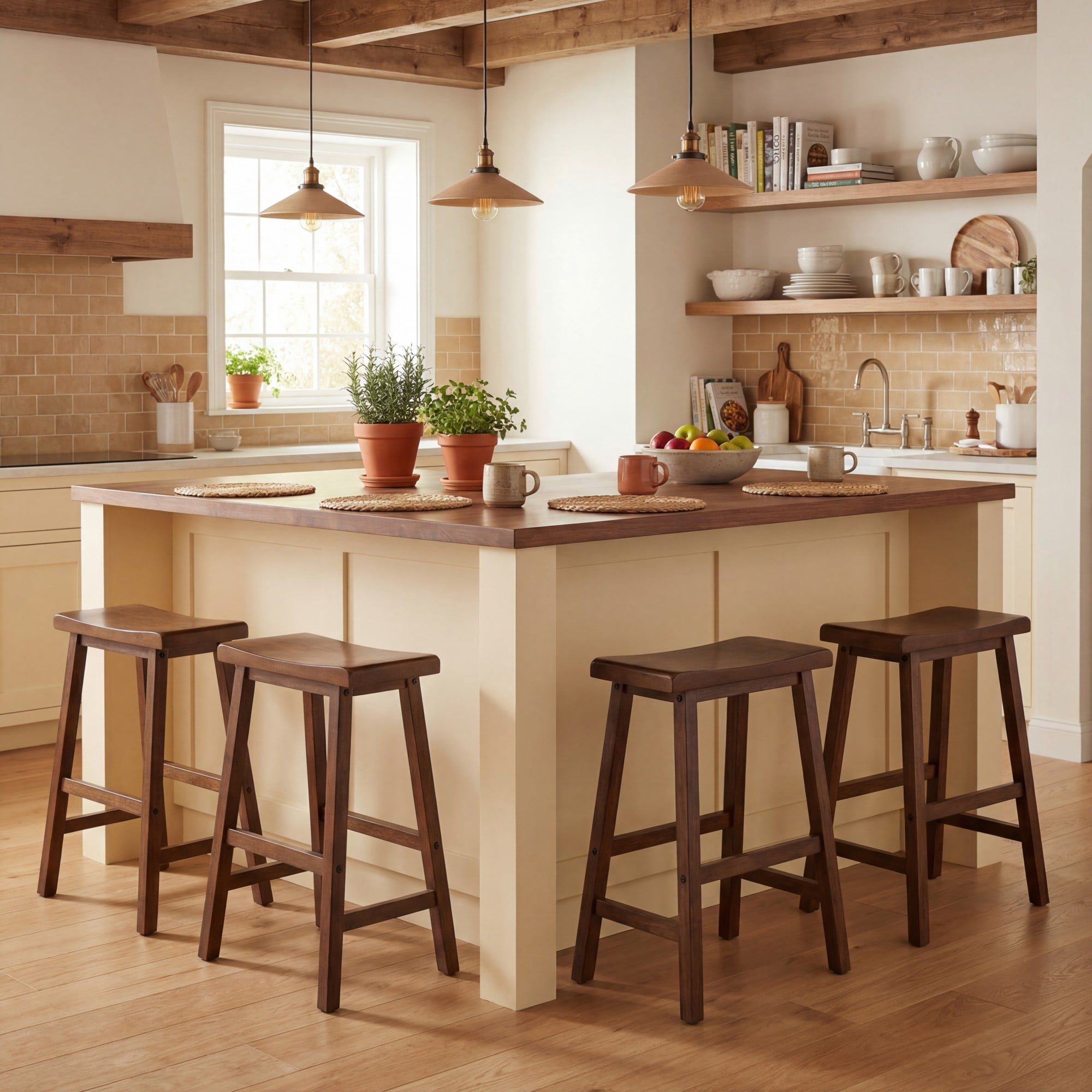 ELLEGNT 2 PCS Solid Wood Saddle Bar Stools - Backless with Footrests, Wooden Counter Stools Brown