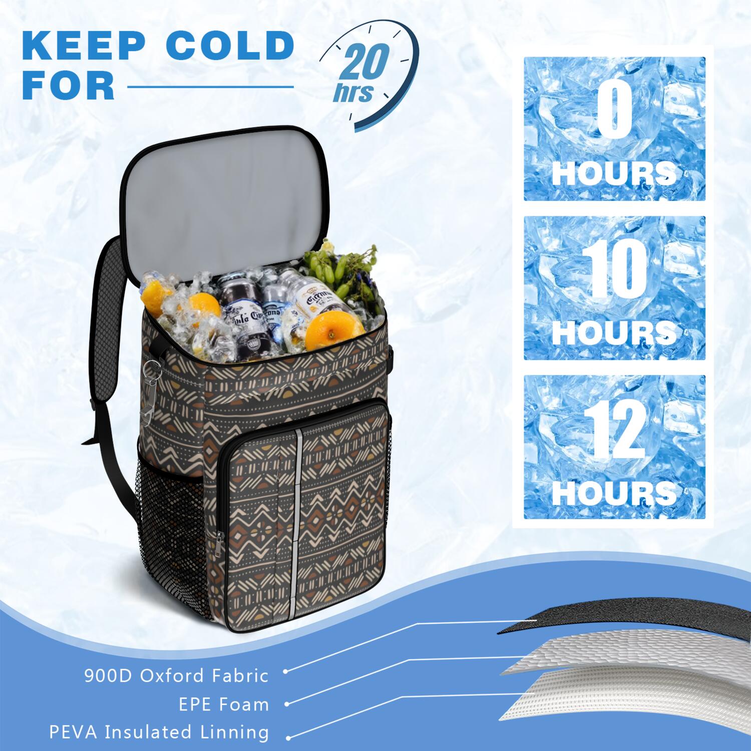 Travel Cooler Bag - Boho Bohemia Pioneer Flower Geometric Line Art Camping Beer Cooler Backpack with Bottle Opener- Waterproof Insulated Picnic Backpacks - Cooler Bag for Beach
