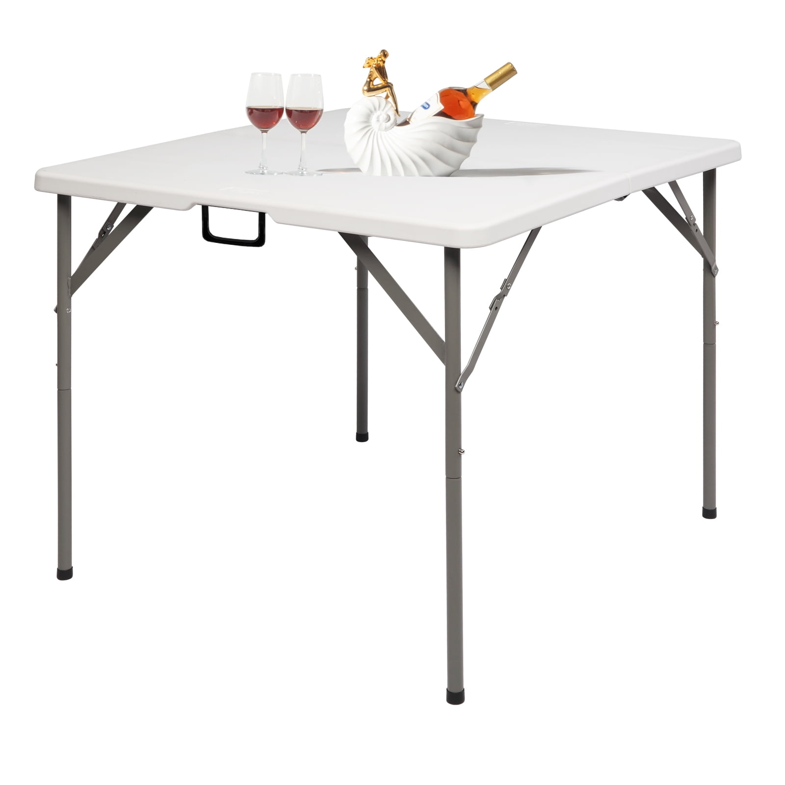 34 Inch Blow Molding Foldable Square HDPE Table Sturdy Steel Frame White Portable Folding Dining Table Space Saving Picnic Camping Party Patio Buffet Game Table