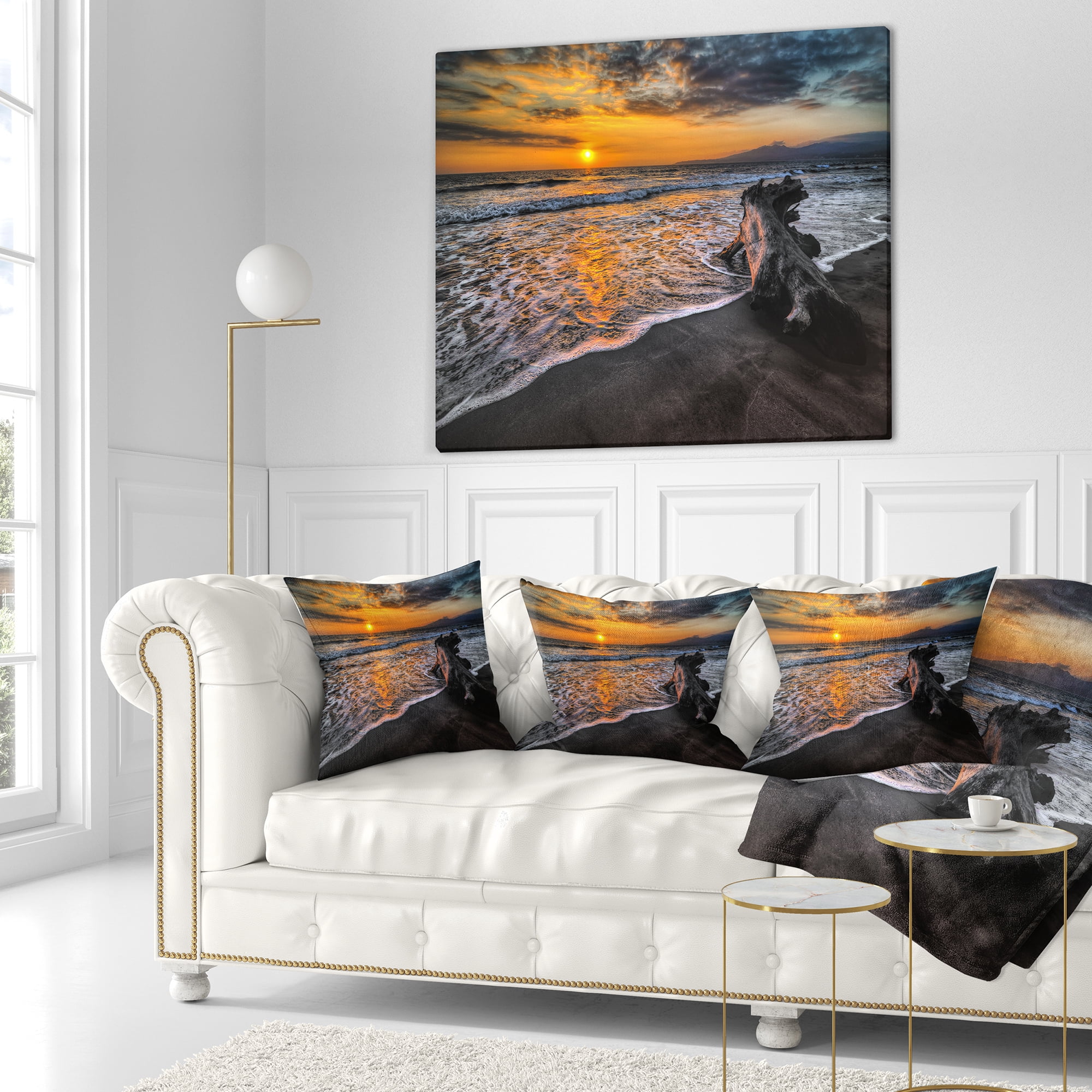 Designart Log on Beach During Sunset - Seashore Throw Pillow - 18x18
