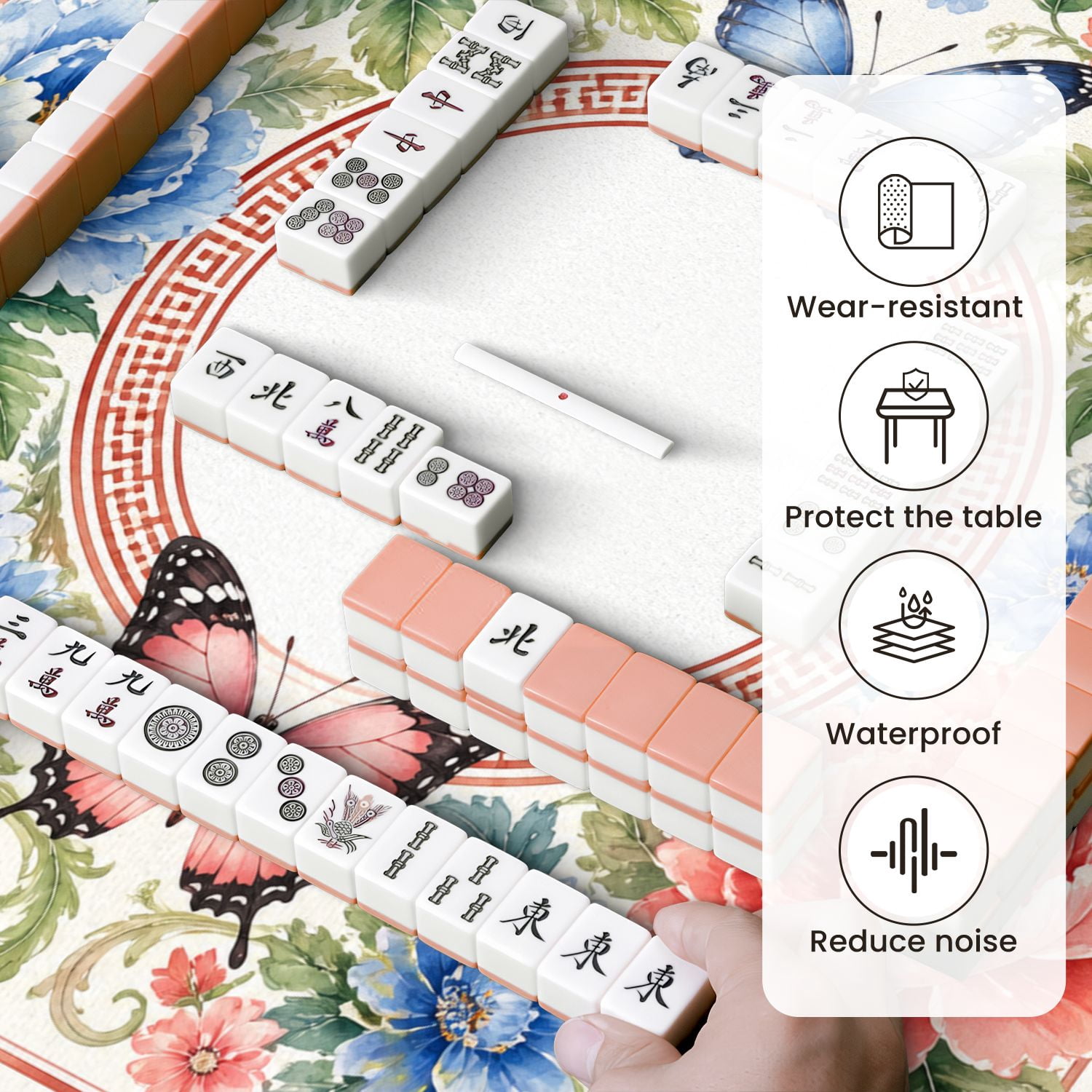 Mahjong Mat 31.5" x 31.5" Colorful Floral Butterfly Peonies Non-Slip Noise Reduction Mahjong Tiles Table Cover for Dominoes Poker Card Board and Tile Games