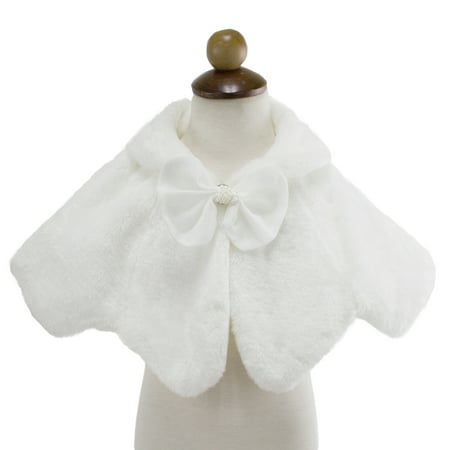 Styles I Love Little Princess White Plush Faux Fur Shawl Capelet with Bow Wedding Flower Girl Warm Cape (110/3-4 Years)