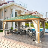 EROMMY 12' x 16' Hardtop Gazebo, Wooden Grain Coated Aluminum Frame Outdoor Gazebos with Aluminum Double Roof, Blackish Green Metal Gazebo with Curtains and Nettings for Patios, Gardens, Lawns