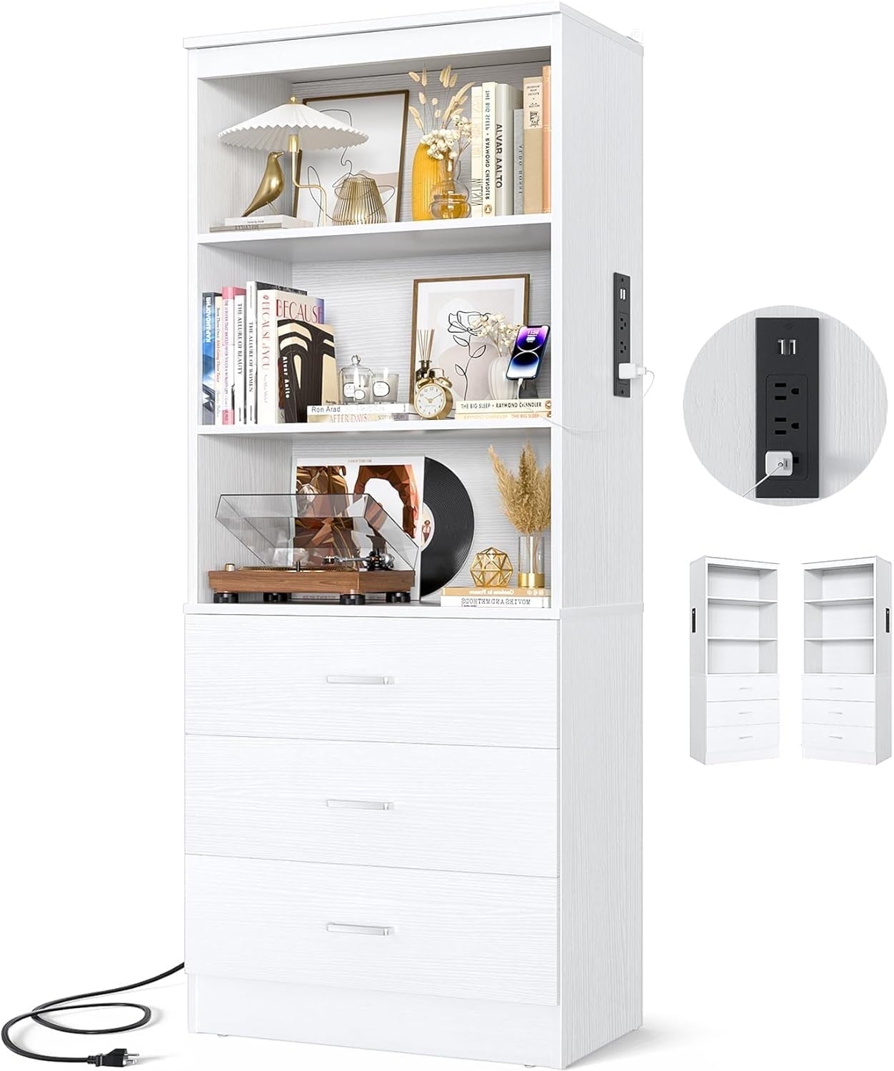 Homieasy 71" Tall Bookcases with 3 Large Drawers & 3 Shelves, Wooden Bookshelf for Living Room Office, with USB Ports & Outlets.White