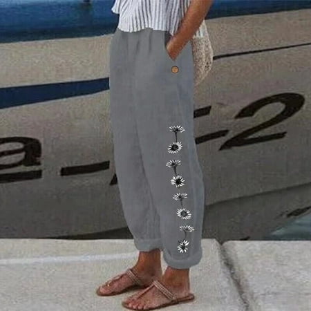 Plus Size Ladies Cotton Linen Casual Long Pants Womens Solid Straight Trousers