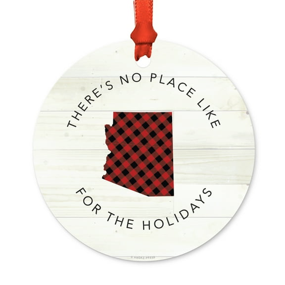 US State Round Metal Christmas Ornament, Red Plaid on Light Rustic Wood, Arizona, Includes Ribbon and Gift Bag