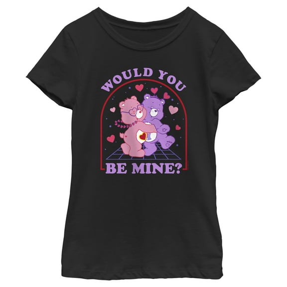 Girl's Care Bears Valentine's Day Love-a-Lot Bear and Share Bear Would You Be Mine  Graphic Tee Black Small