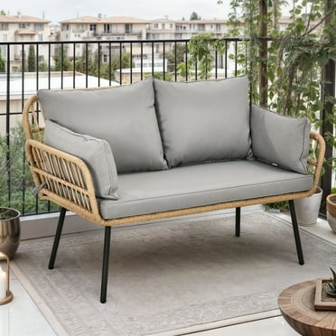 ModFusion Patio Furniture Outdoor Indoor Wicker Loveseat , Boho Chic Coversation Seat, All-Weather Rattan Sofa for Backyard, Balcony and Deck with Soft Cushions, Light Gray