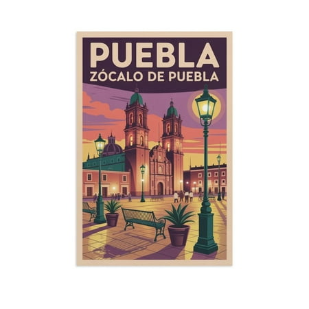 Twilight Plaza Wall Art Zocalo De Puebla Mexico Retro Travel Poster Historic Cathedral Colonial Architecture Print Poster