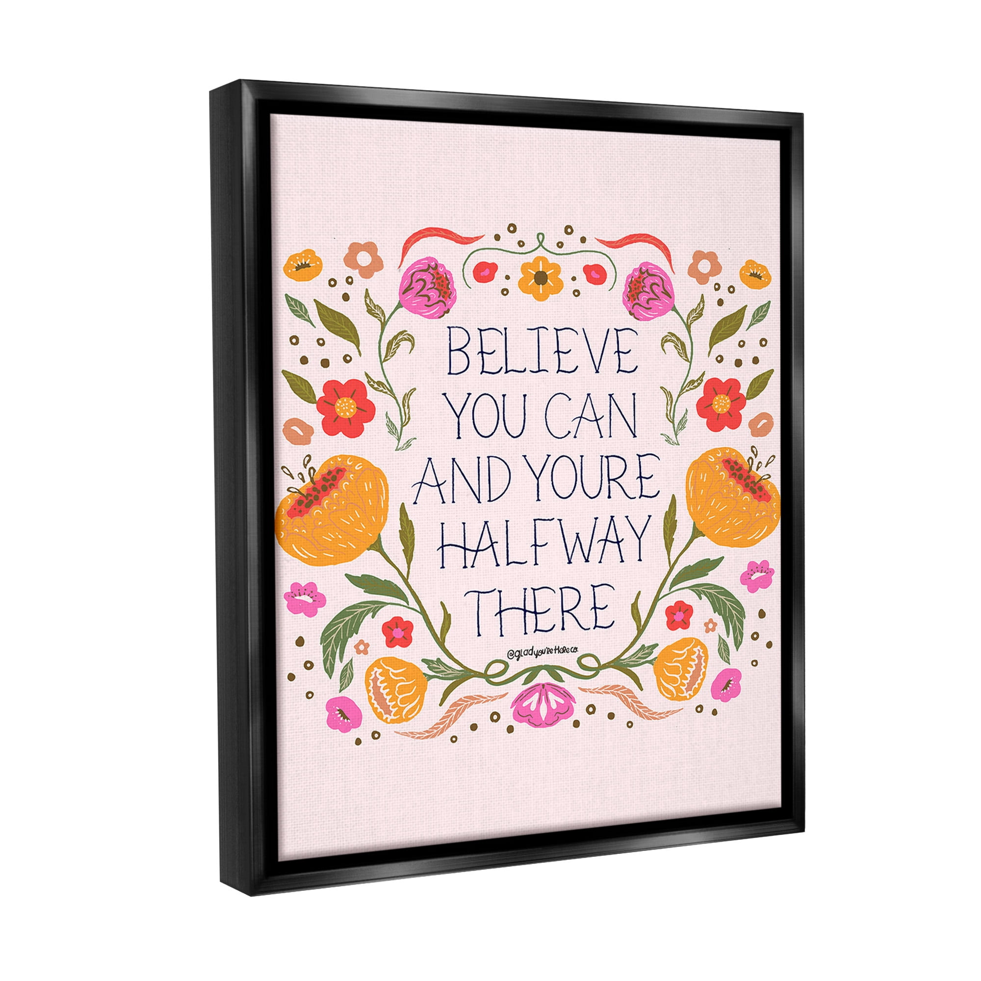 Stupell Industries Inspiring Believe with Florals Inspirational Painting Black Floater Framed Canvas Art Print Wall Art, 17 x 21