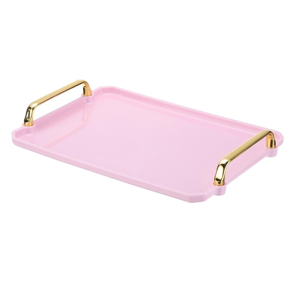 Plastic Serving Tray with Golden Handles, Reusable Tray Rectangular Party Platters for Dessert Coffee Tea Table, Living Room Kitchen Countertop,Toilet lid tray( Pink 30.5*21.8*1.8cm)